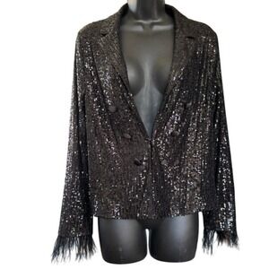 Nanette Lepore Sequin Jacket Sz M Black Ostrich Feather Trim‎ NYE Holiday Party